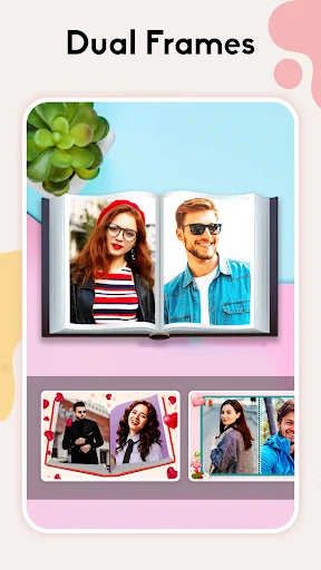Photo album dual frame layout feature showing two portrait photos in an open book design with collage examples