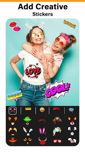 Creative sticker editor showing photos with decorative comic-style stickers and expandable sticker icon palette below