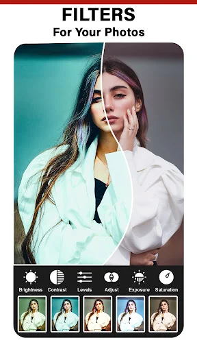 Photo filter adjustment tool with split-screen preview and controls for Brightness, Contrast, Levels, and Saturation