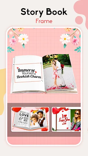 Storybook photo album frame with pink floral design showing example layouts for photobook creation