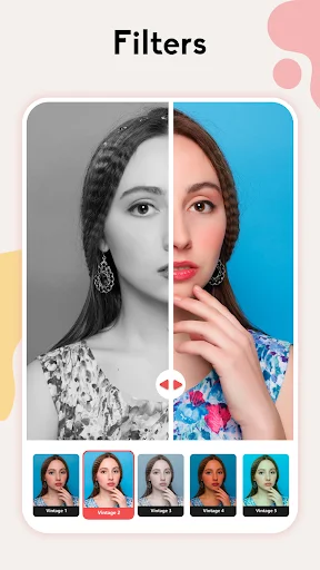 Photo filter editor with side-by-side comparison showing black and white, color, and multiple filter options