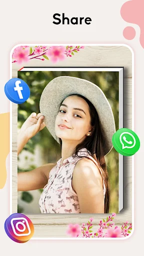 Social media sharing feature displaying portrait photo with Facebook, WhatsApp, and Instagram sharing buttons