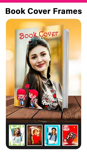 3D book cover frame feature with portrait photo and multiple decorative book cover template options below