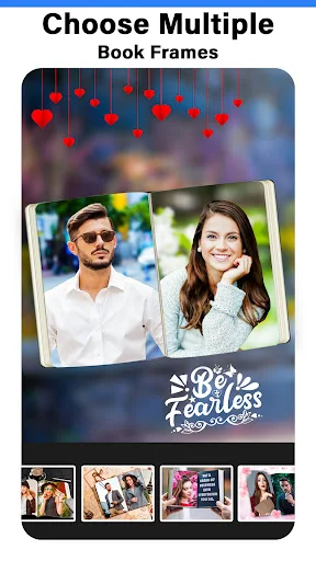 Multiple photo book frame layout showing couple portraits with heart decorations and book frame template selections