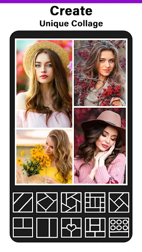 Photo grid collage maker with 4-photo layout grid and multiple geometric collage pattern template options below