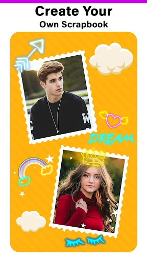 Scrapbook creator with framed photos and decorative elements including clouds, hearts, and stars on yellow background