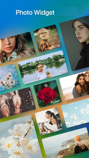 Photo Widget app showcase featuring multiple customizable photo widget designs and frame styles on gradient background