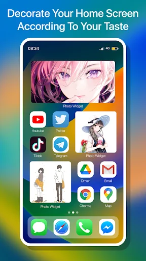Personalize home screen with photo widget placement example, displaying image frame widget with app icons on iPhone mockup