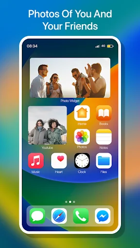 Friends photo widget displayed on customizable iPhone home screen with multiple portrait photos and various app icons