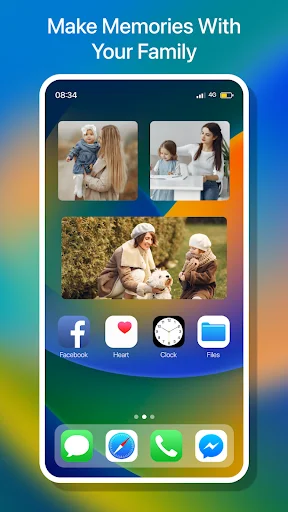 Family photo widget examples showing memory layouts on iPhone mockup with personalized home screen customization options