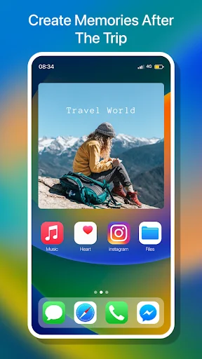 Travel memory photo widget featuring mountain adventure photos displayed on decorated iPhone home screen with app icons