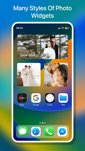 Multiple wedding and couple photo widget styles showcasing different frame layouts on iPhone home screen demonstration