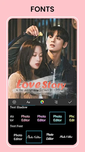Font customization screen showing text shadow options and diverse font styles for adding stylized text overlays to photos