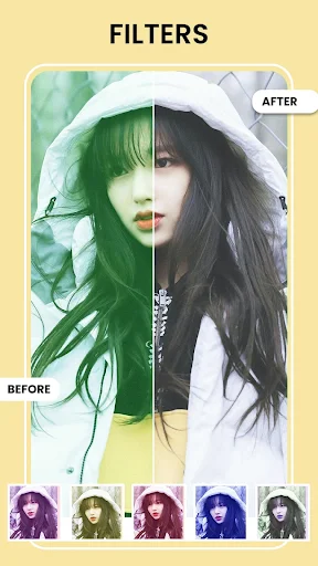 Photo filter interface showing before-after color transformation with green tint effect and multiple filter variations