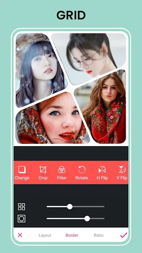 Photo grid editor displaying 4-photo collage layout with crop, filter, rotate, and border customization controls