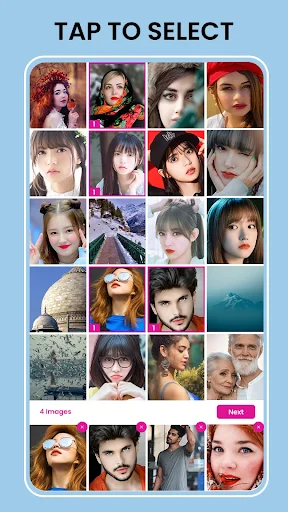 Photo gallery selection interface with grid of profile photos for choosing multiple images to create photo collages