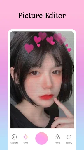 Picture Editor pink heart sticker effects on portrait with Stickers, Style, Filters, and Beauty editing tools