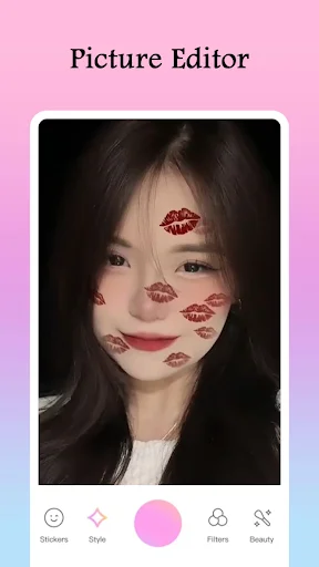 Picture Editor red lip mark stickers applied to portrait with beauty enhancement and photo editing features