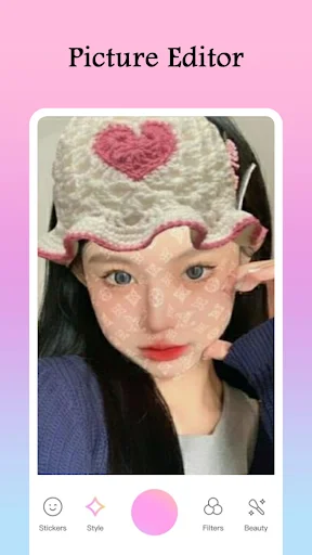 Picture Editor anime-style filter with heart decoration and creative effects applied to portrait photo