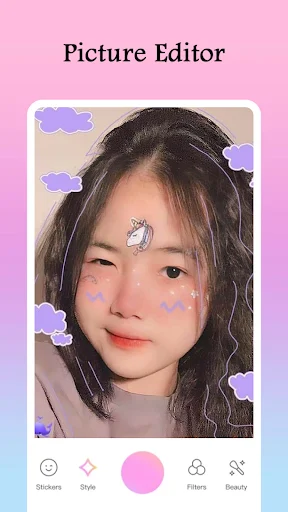 Picture Editor purple cloud and sparkle sticker effects with beauty editing tools on portrait