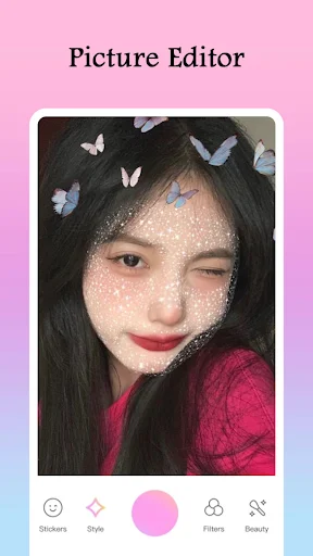 Picture Editor butterfly stickers and glitter effects on portrait with beauty photo editing toolbar