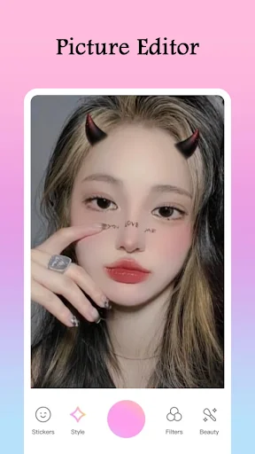 Picture Editor decorative stickers and beauty effects applied to portrait with editing interface