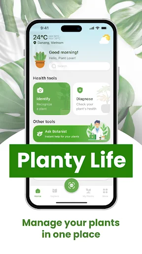 Planty Life home dashboard managing plants with temperature display, identification and diagnosis health tools
