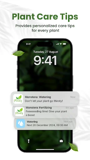 Plant Care Tips notification reminders on smartphone lock screen for scheduled watering and fertilizing tasks