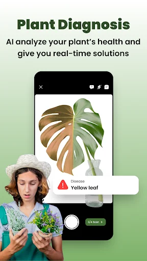 Plant Diagnosis AI health analyzer showing woman with potted plants identifying Yellow leaf disease on screen