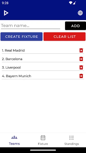 Teams tab showing input field to add team names, with real Madrid, Barcelona, Liverpool, and Bayern Munich listed with delete options and Create Fixture button
