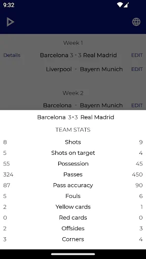Fixture schedule and match statistics view showing Barcelona vs Real Madrid match details with team stats comparison including shots, possession, passes, and fouls