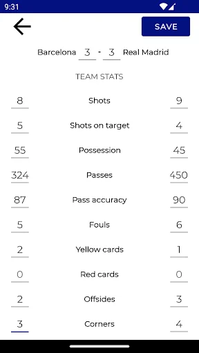Match statistics editor for Barcelona vs Real Madrid game with detailed stats fields for both teams including shots, passes, possession, and disciplinary actions