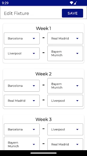Fixture editor showing tournament schedule by weeks with team dropdown selectors to organize Barcelona, Liverpool, Bayern Munich, and Real Madrid pairings