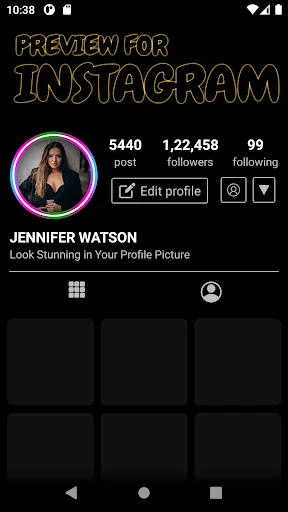 Instagram profile preview with magenta circular neon border frame showing follower count and profile statistics