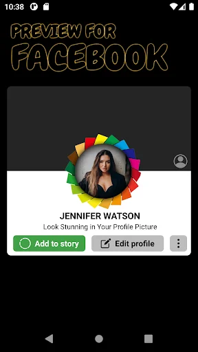 Facebook profile preview displaying colorful spinning circular border frame with profile information and action buttons