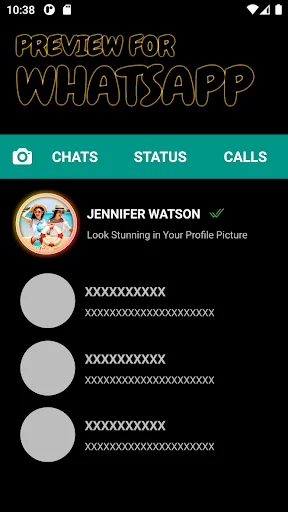 WhatsApp profile preview tab with Jennifer Watson's bordered profile picture and chat interface demonstration