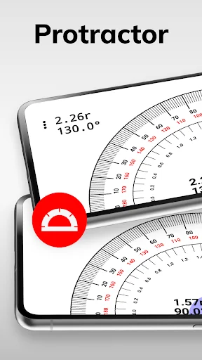 Protractor - Angle Measurement app showing digital protractor tool with 130.0 degree measurement and red compass icon button on smartphone screen