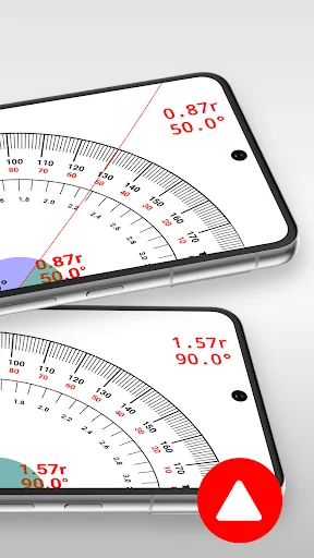 Protractor app displaying multiple angle measurements at 50.0° and 90.0° across smartphone screens with navigation controls