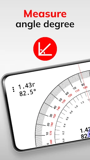 Measure angle degree feature with right angle icon and protractor scale measuring 82.5 degrees on smartphone display