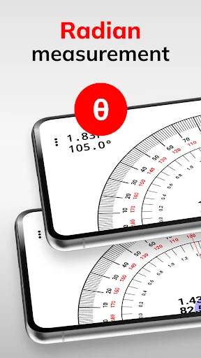 Radian measurement mode displaying 105.0° angle in radians with dual protractor interfaces on stacked smartphone screens