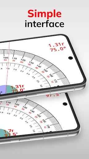 Simple interface of Protractor app showing multiple angle measurements with colorful adjustment bar and protractor scales