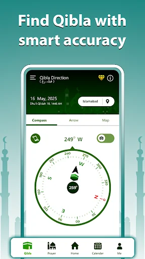 Qibla compass app interface showing 249 degrees West direction on circular dial with Compass, Arrow, and Map navigation tabs