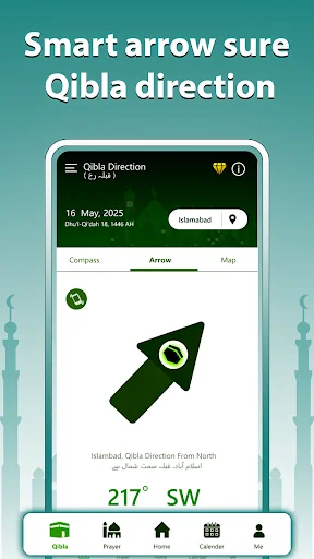 Qibla arrow view displaying 217 degrees Southwest direction with large green pointer for precise Islamic prayer direction