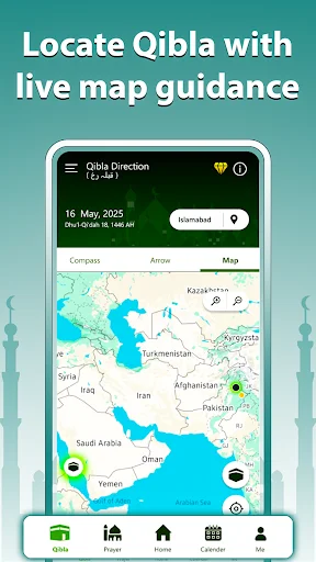 Interactive map of Middle East region with Qibla location marker providing geographic prayer direction and location guidance