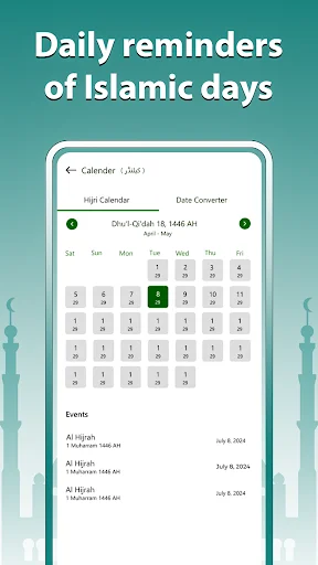 Islamic calendar interface with Hijri and Gregorian date converter showing upcoming religious events and celebration reminders