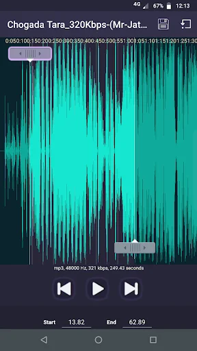 MP3 waveform editor with cyan audio visualization, timeline markers, and playback controls for cutting audio