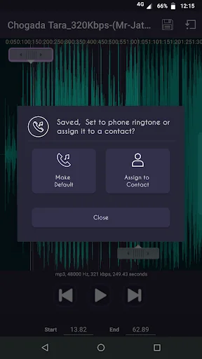 Ringtone saved confirmation screen with options to make default ringtone or assign it to a contact