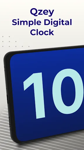 Qzey Simple Digital Clock app title with 3D phone mockup displaying large blue numbers