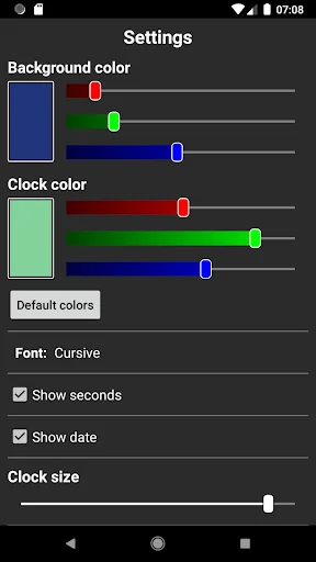 Settings panel with color sliders, font selection, show seconds and date checkboxes