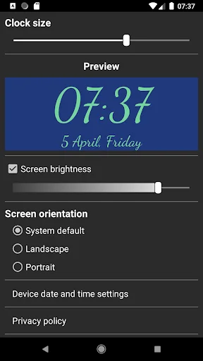 Clock size adjustment, brightness control, and screen orientation settings screen